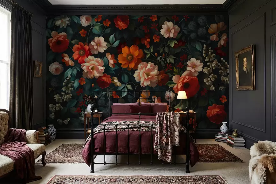 Wall Mural Photo Wallpaper Dark floral pattern with lush garden flowers w05087