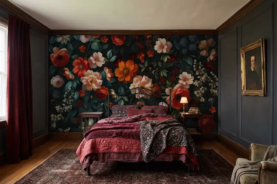 Wall Mural Photo Wallpaper Dark floral pattern with lush garden flowers w05087