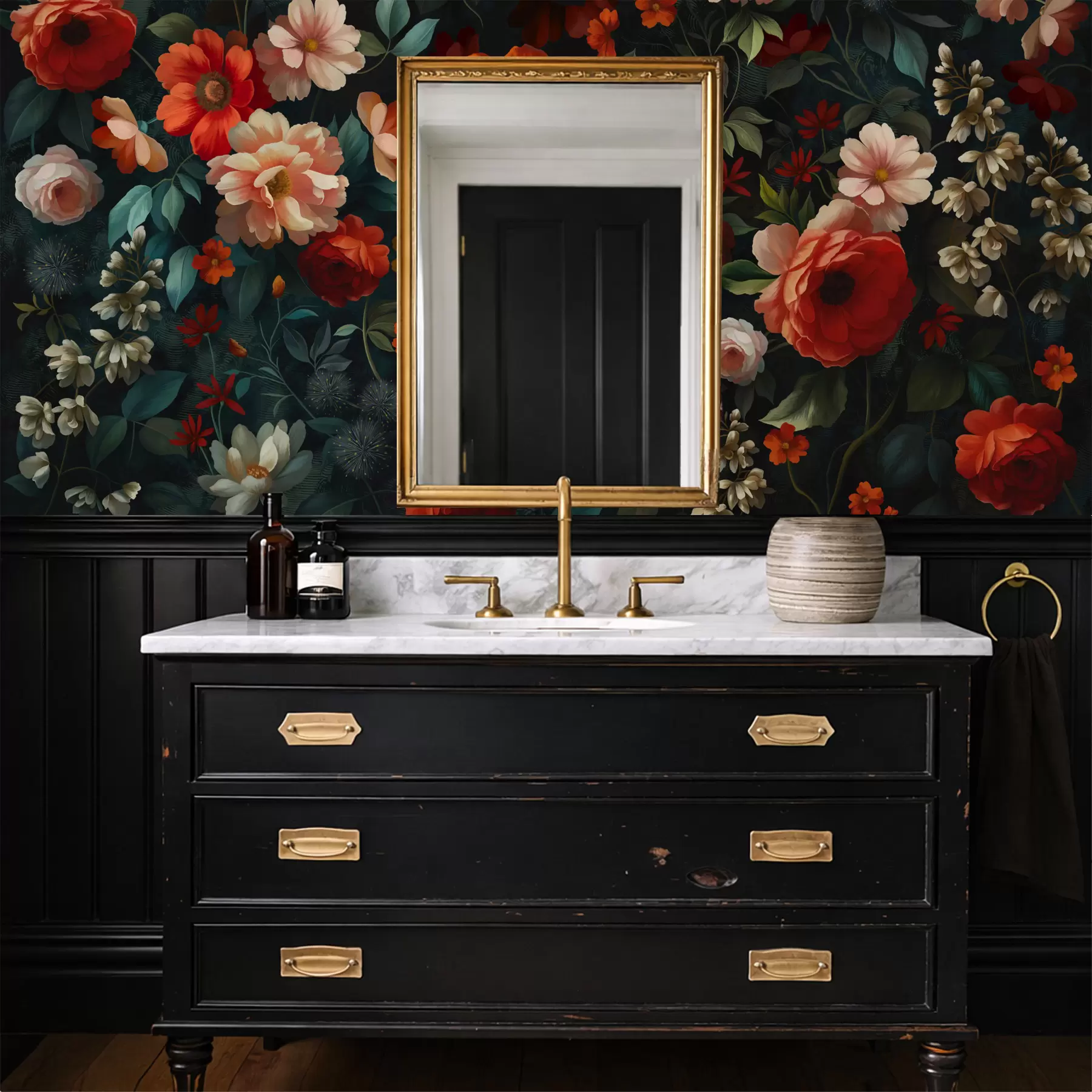 peintures murales Motif floral sombre avec des fleurs luxuriantes de jardin w05087