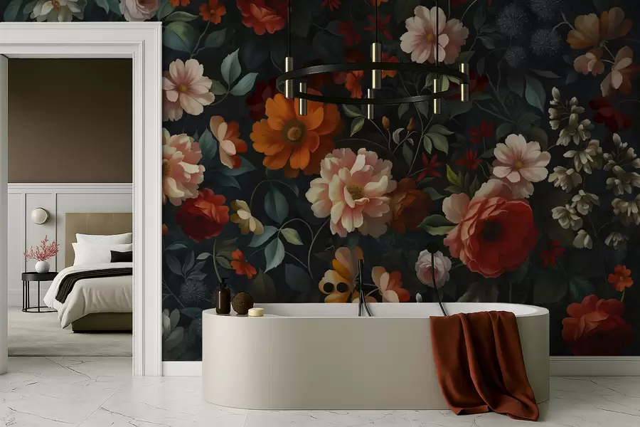 murales Estampado floral oscuro con exuberantes flores de jardín. w05087