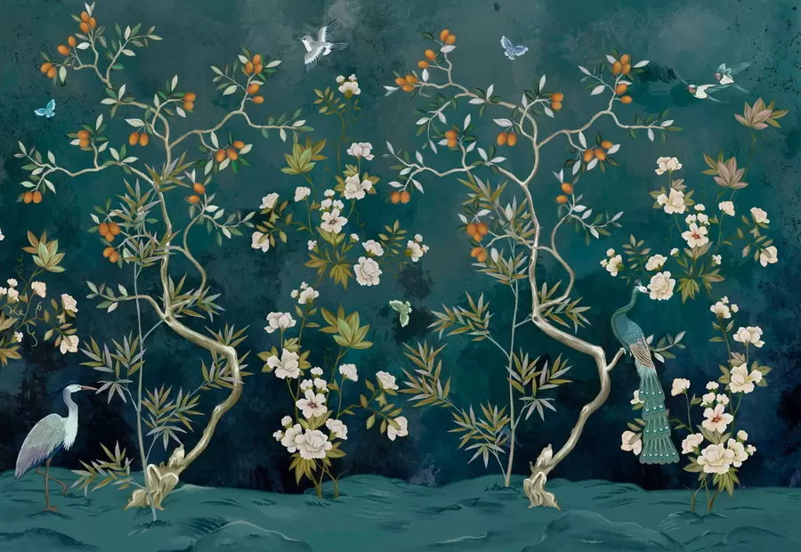 Wall Mural Photo Wallpaper Decorative scene with trees, flowers and birds on dark background w05004