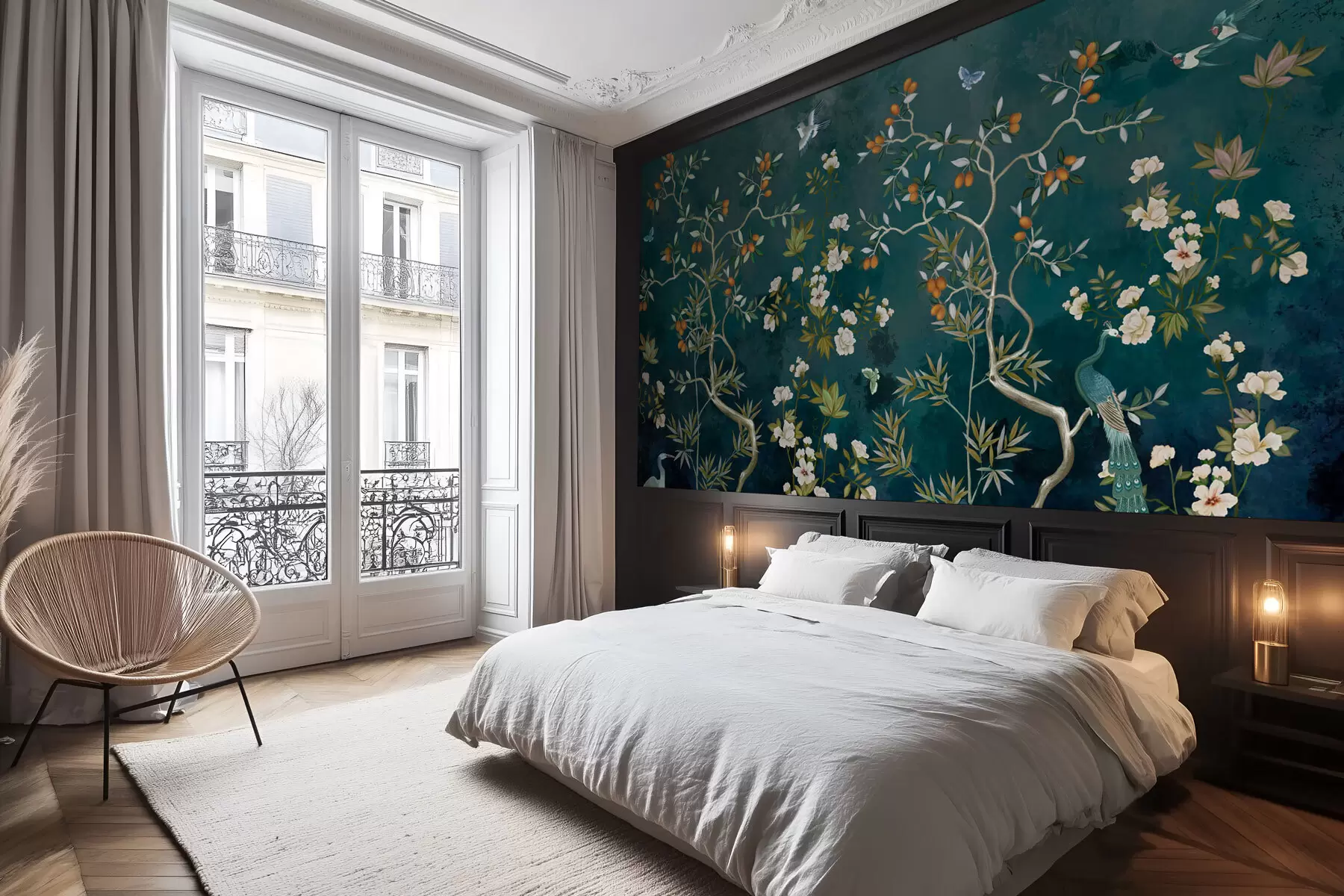peintures murales Scène décorative avec des arbres, des fleurs et des oiseaux sur fond sombre w05004