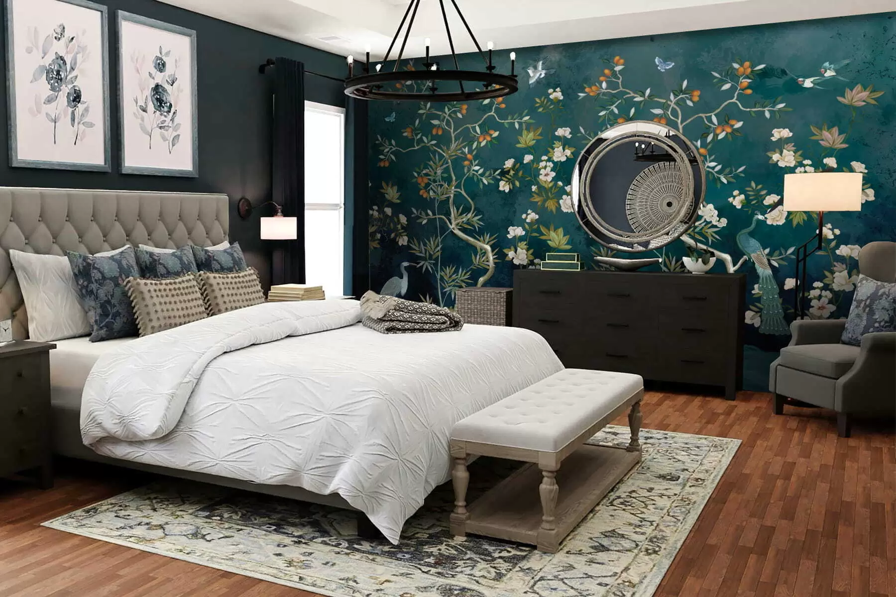 murales Escena decorativa con árboles, flores y pájaros sobre fondo oscuro. w05004