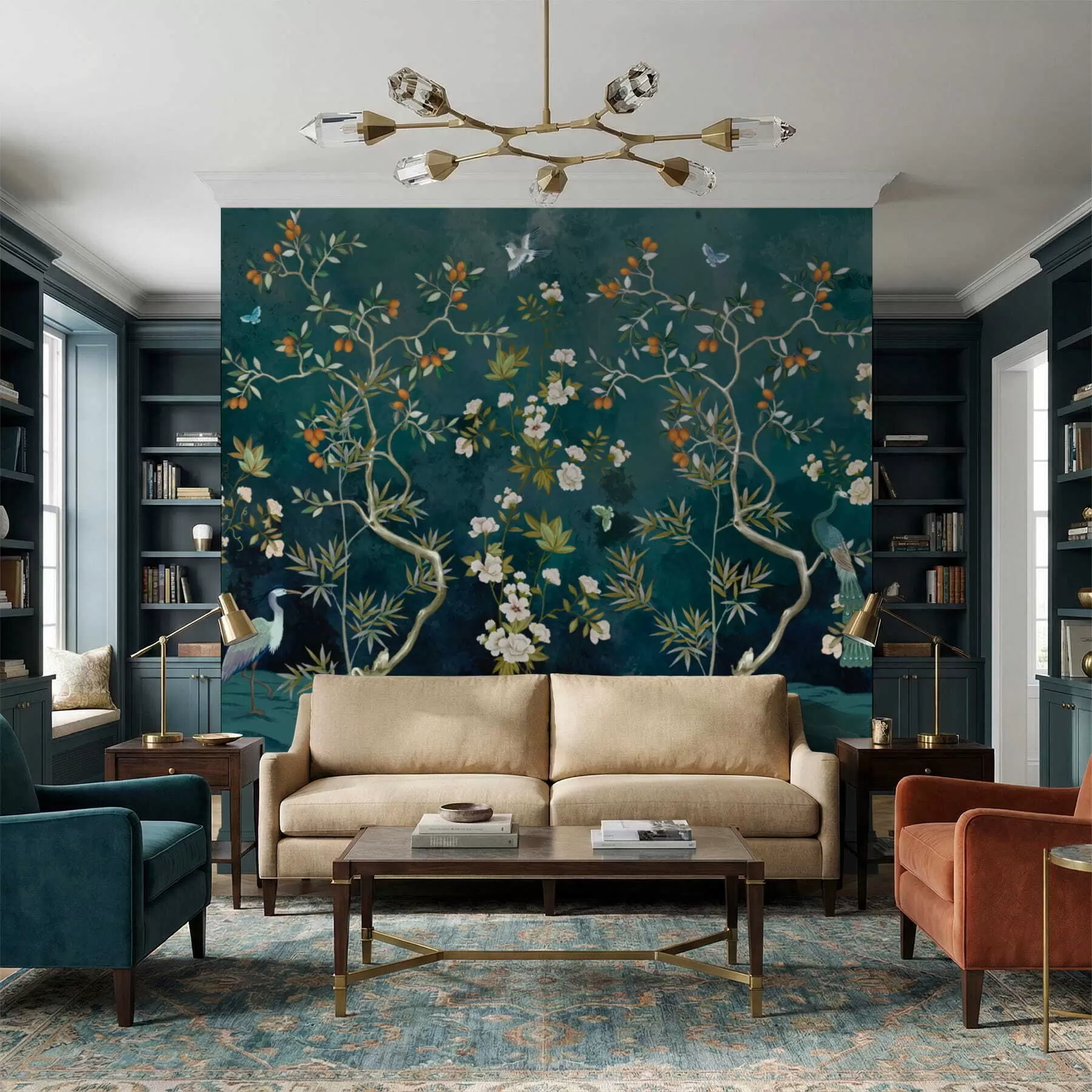 peintures murales Scène décorative avec des arbres, des fleurs et des oiseaux sur fond sombre w05004