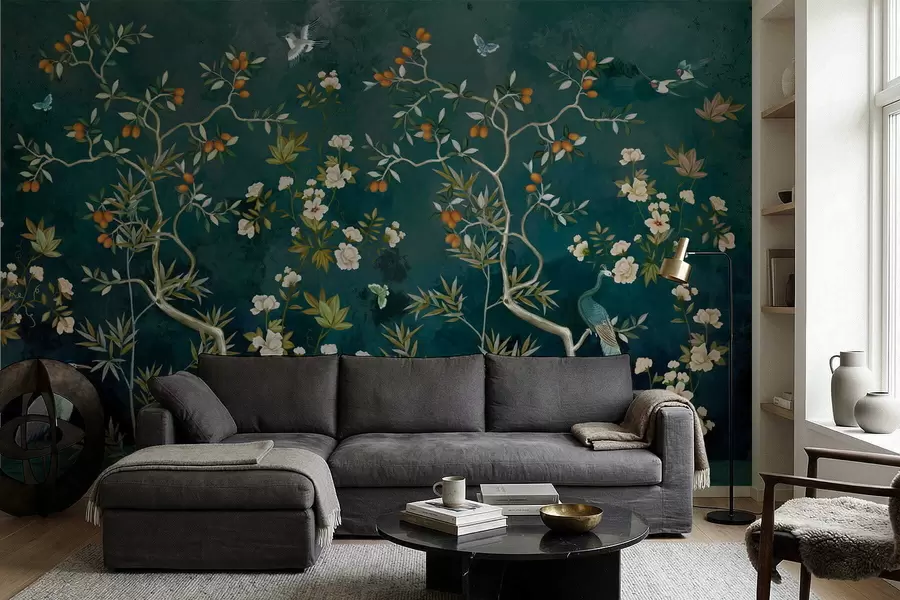 Wall Mural Photo Wallpaper Decorative scene with trees, flowers and birds on dark background w05004