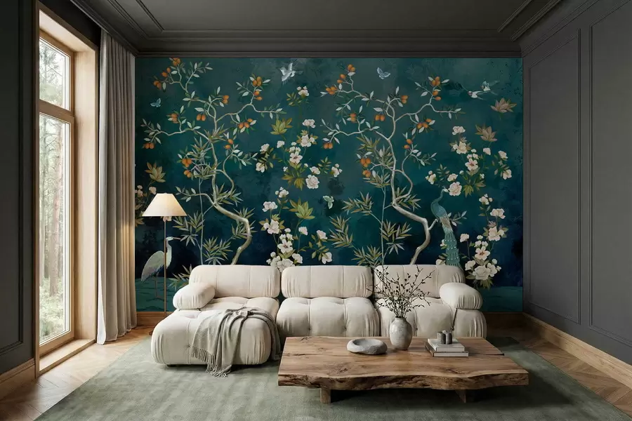Wall Mural Photo Wallpaper Decorative scene with trees, flowers and birds on dark background w05004