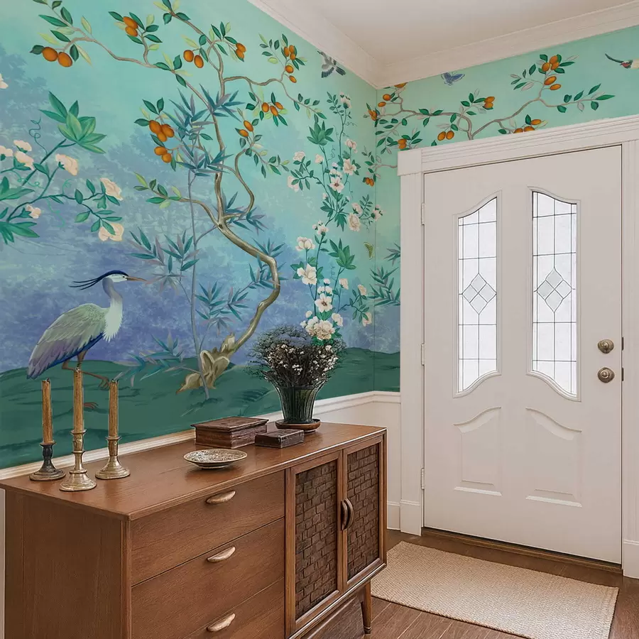 wall murals Scene with trees, flowers and birds, blue background w05004v2