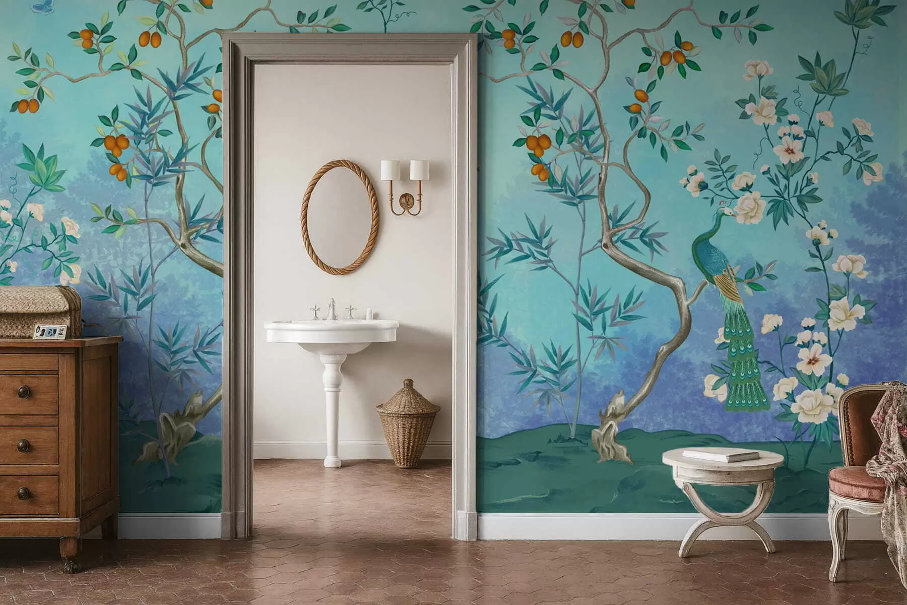 Wall Mural Photo Wallpaper Scene with trees, flowers and birds, blue background w05004v2