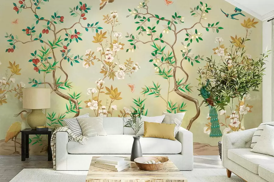 Wall Mural Photo Wallpaper Scene with trees, flowers and birds, light background w05004v1
