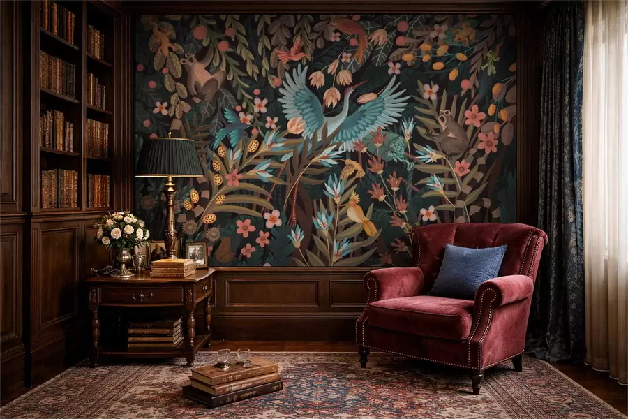 wall murals Fantasy scene with birds and animals among plants w05024