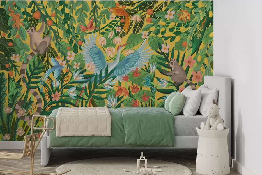 Wall Mural Photo Wallpaper Bright scene with birds and animals in dense greenery w05024v1