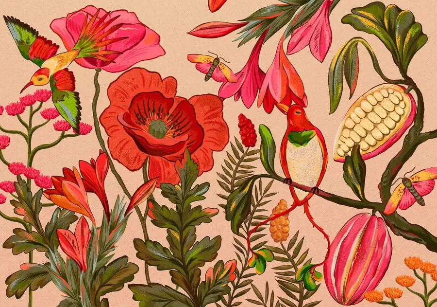 peintures murales Fleurs et oiseaux décoratifs sur fond beige w05036