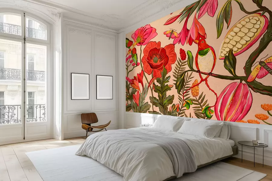 wall murals Decorative flowers and birds on beige background w05036