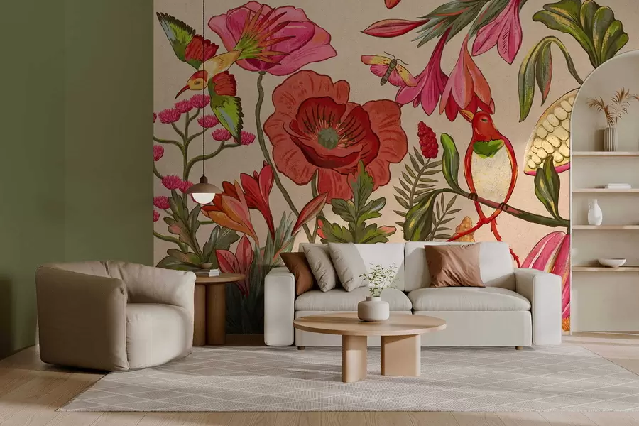 murales Flores y pájaros decorativos sobre fondo azul w05036