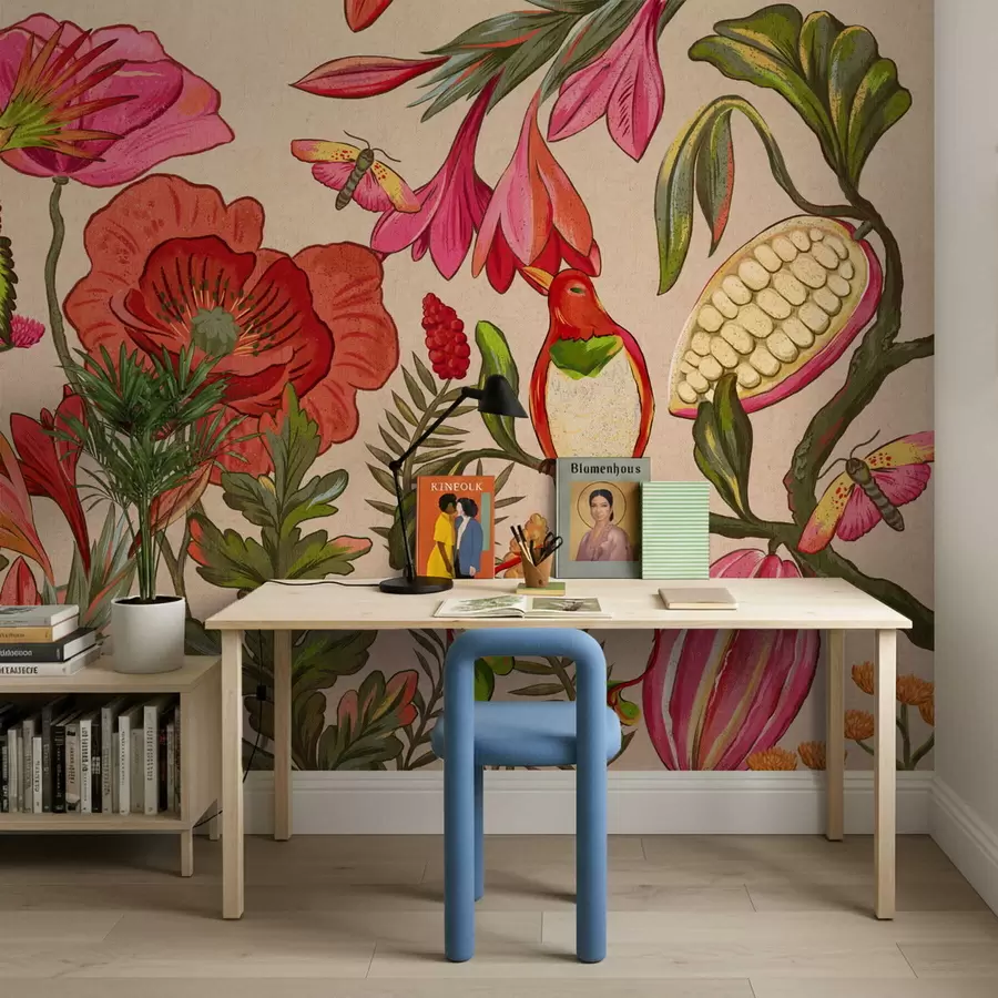 wall murals Decorative flowers and birds on blue background w05036