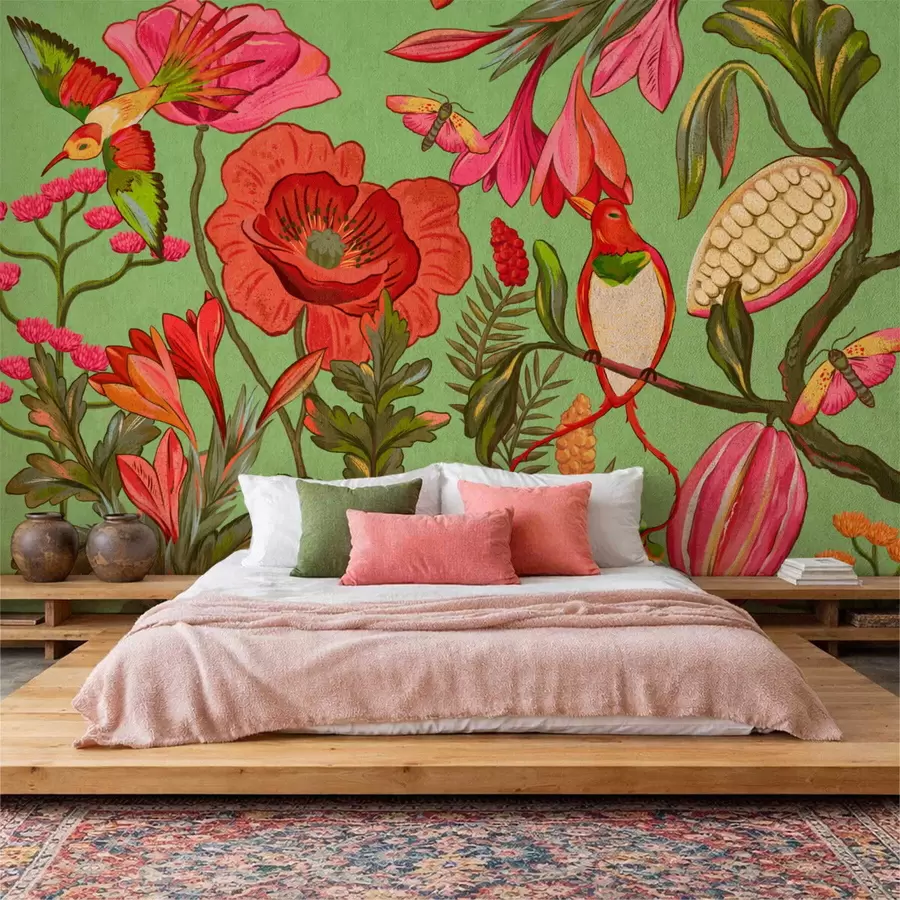 peintures murales Fleurs et oiseaux décoratifs sur fond vert w05036v1