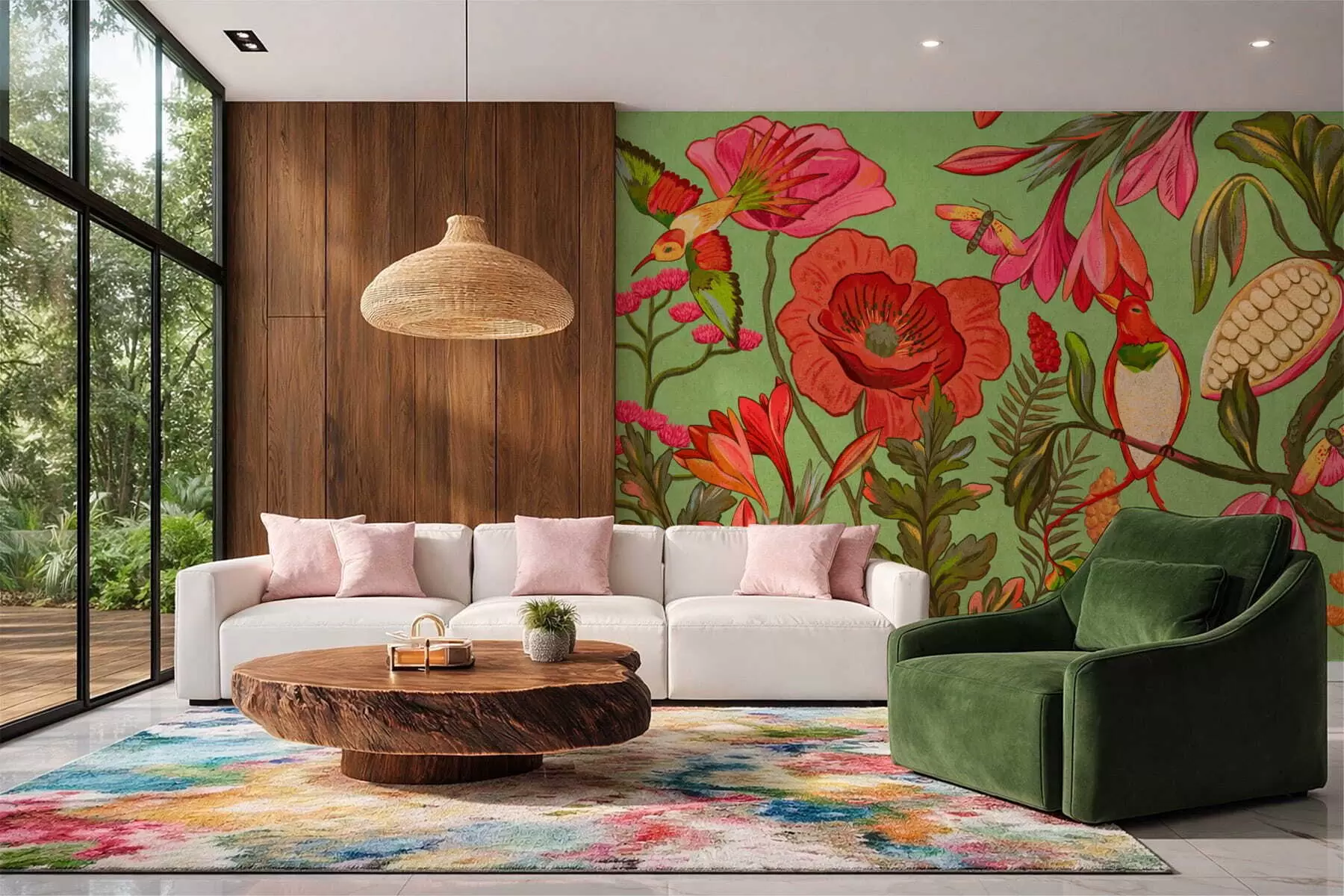 murales Flores y pájaros decorativos sobre fondo verde w05036v1