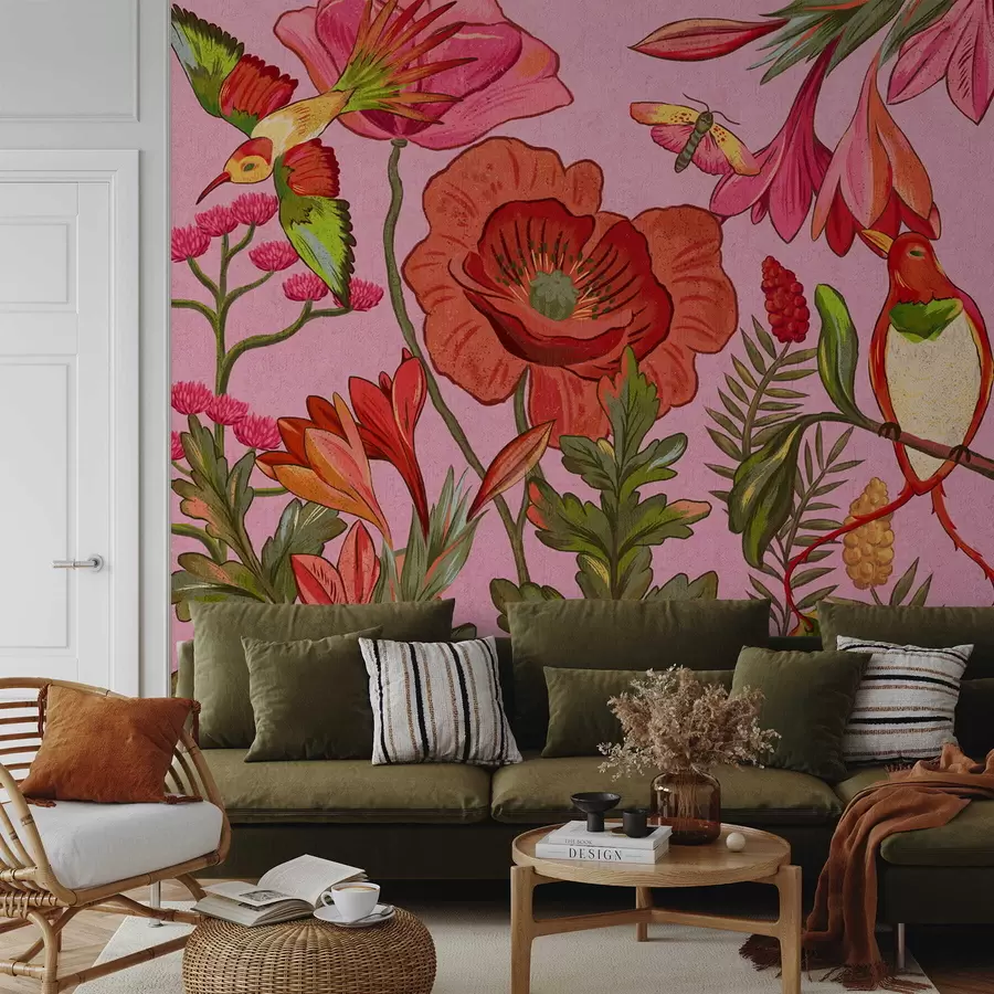 murais de parede Flores decorativas e pássaros sobre fundo rosa w05036v2