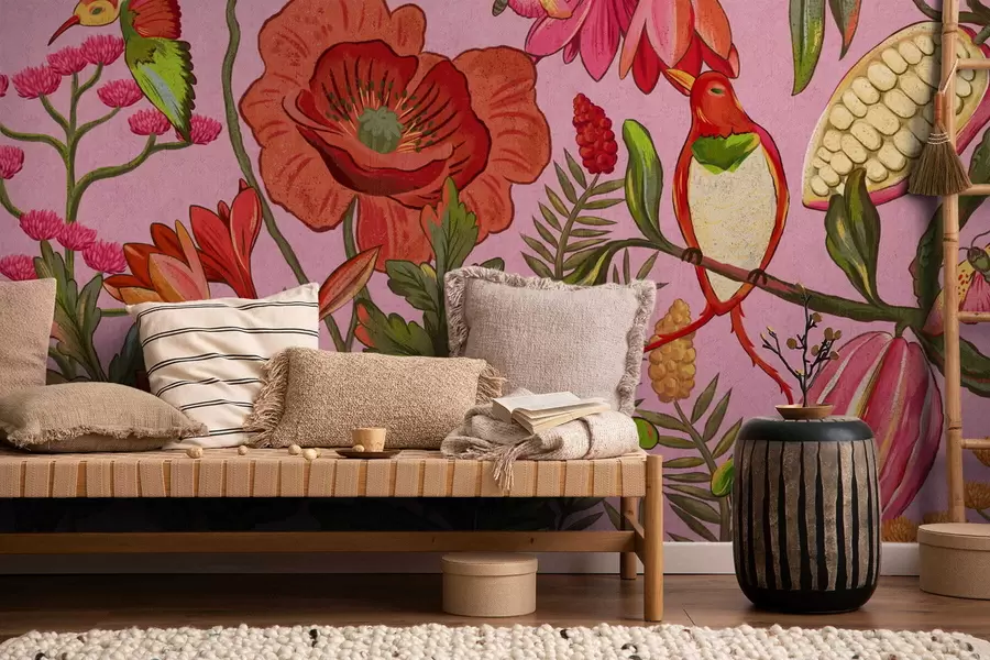 Wall Mural Photo Wallpaper Decorative flowers and birds on pink background w05036v2