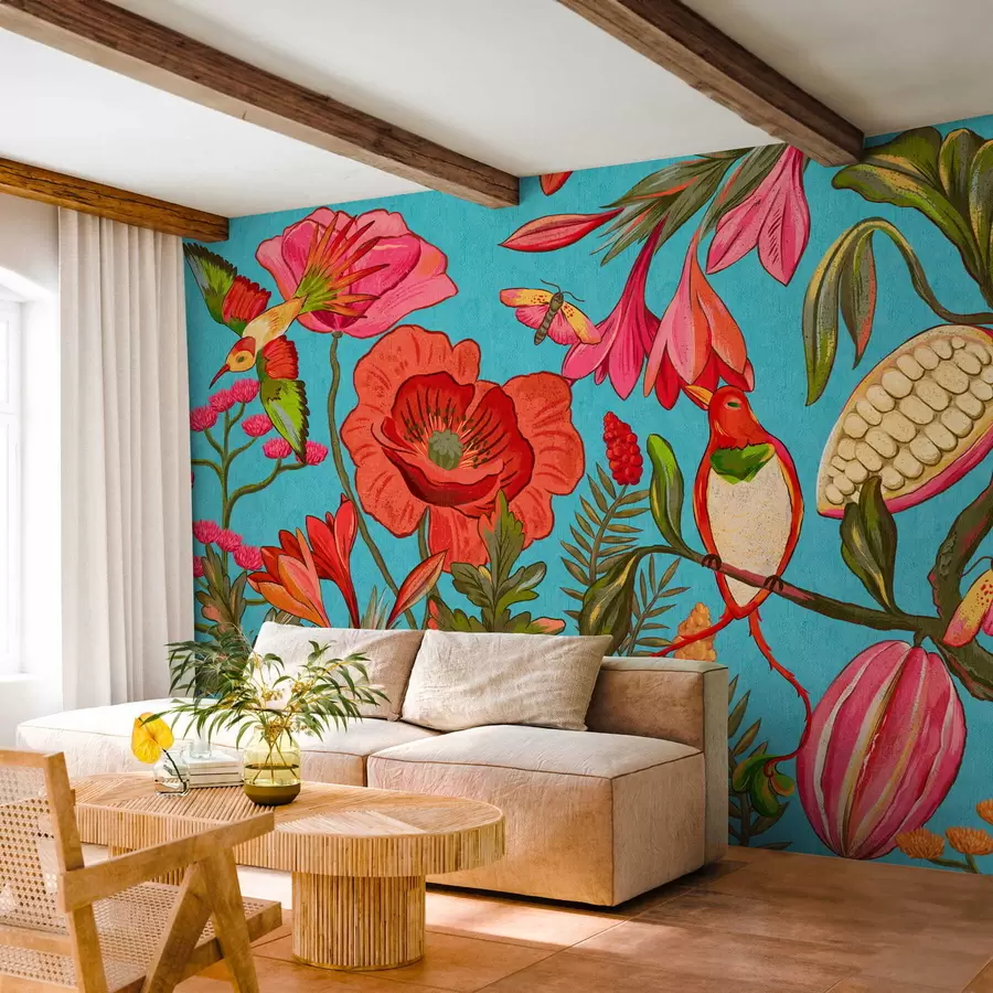 wall murals Decorative flowers and birds on blue background w05036v3