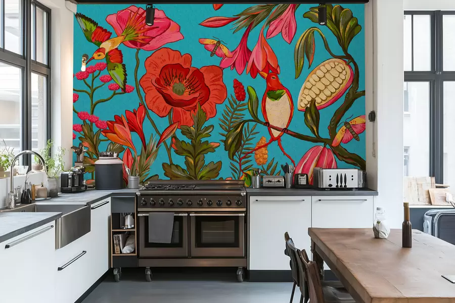 Wall Mural Photo Wallpaper Decorative flowers and birds on blue background w05036v3