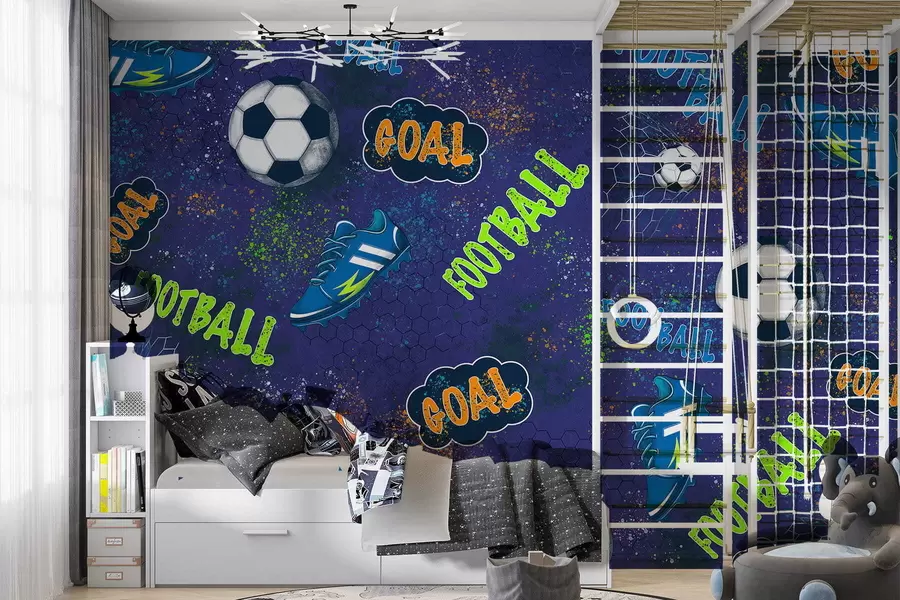 peintures murales Motif football pour enfants dans les tons bleu foncé w05037v3