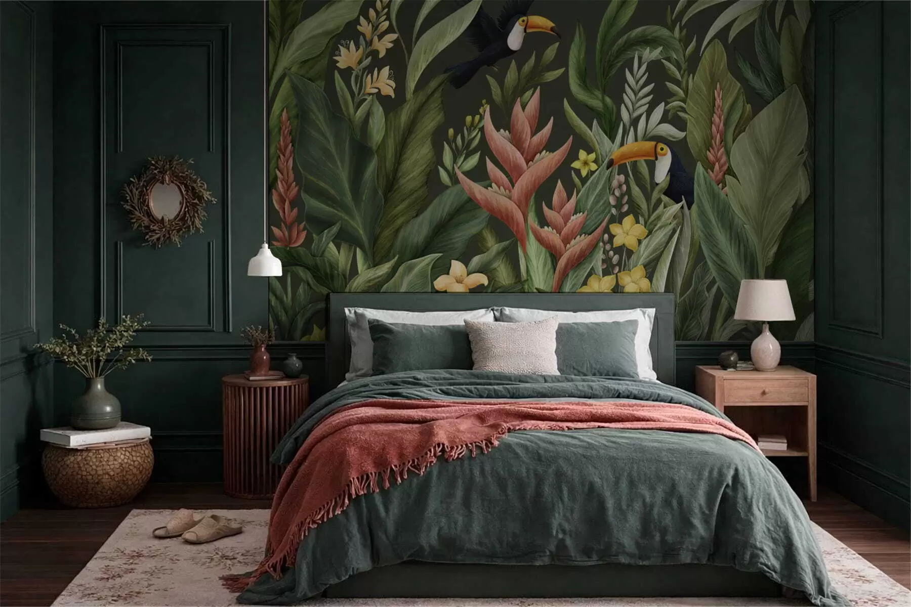 wall murals Tropical plants and large-beaked birds on light background w05088