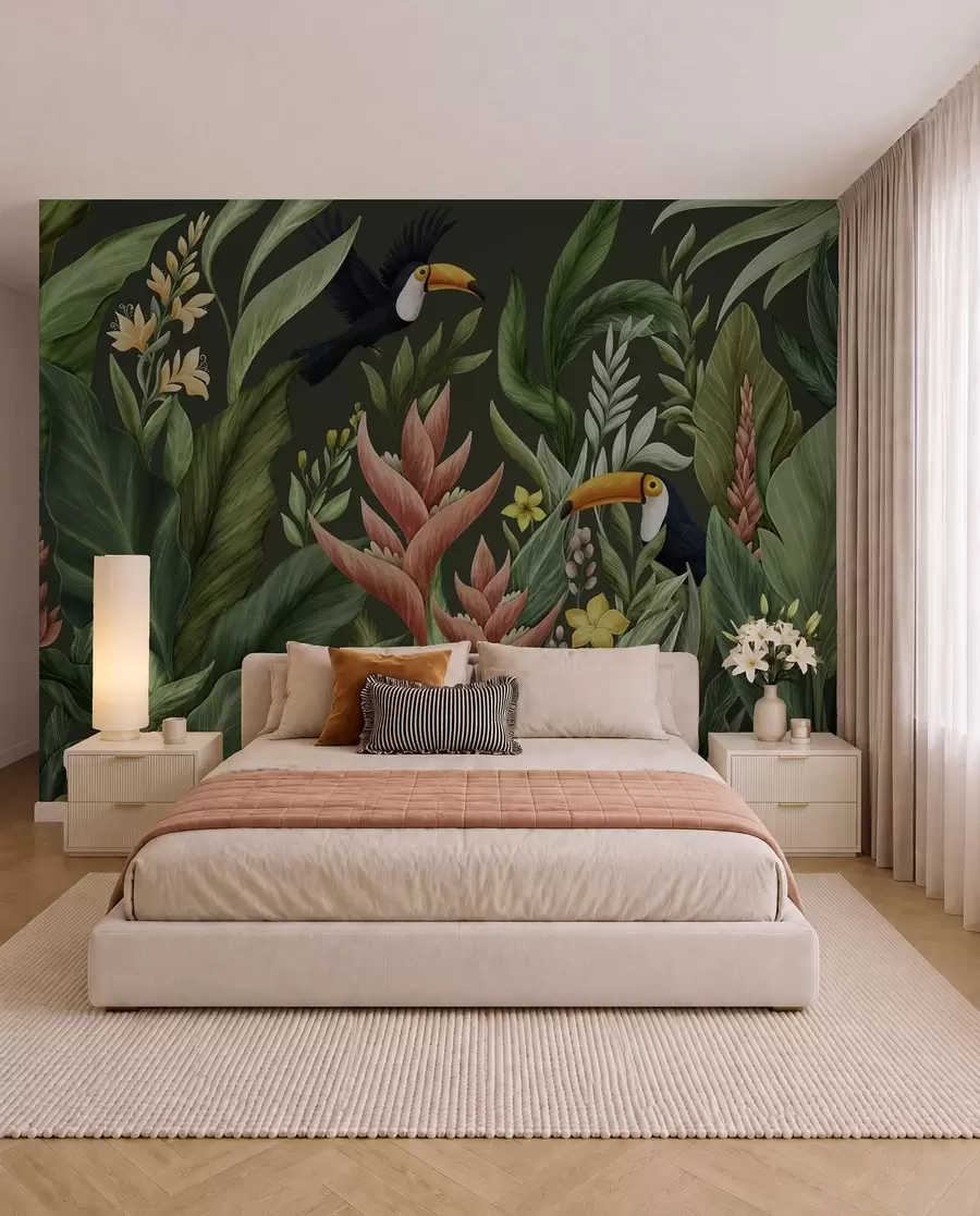 peintures murales Feuillage tropical et oiseaux à long bec sur fond sombre w05088