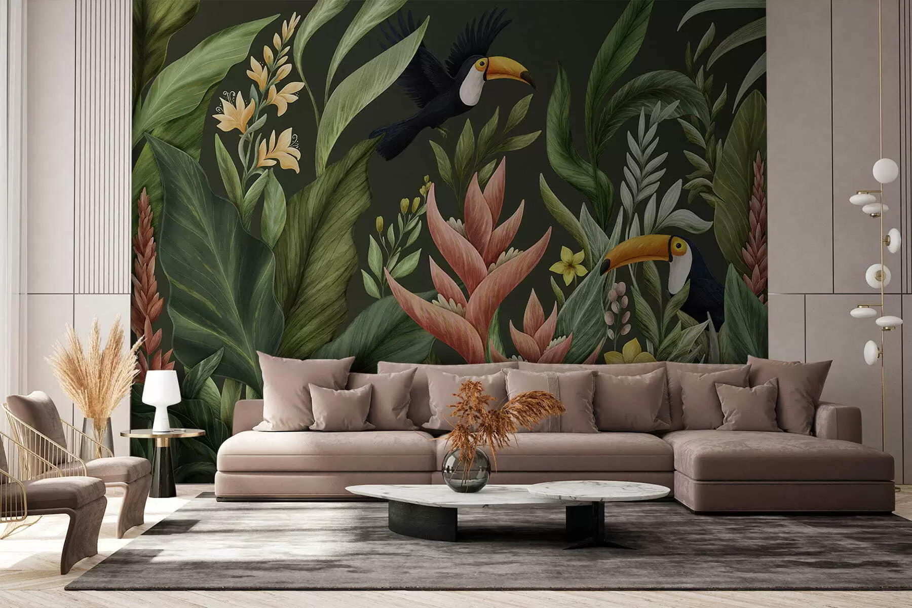 Wall Mural Photo Wallpaper Tropical foliage and large-beaked birds on dark background w05088