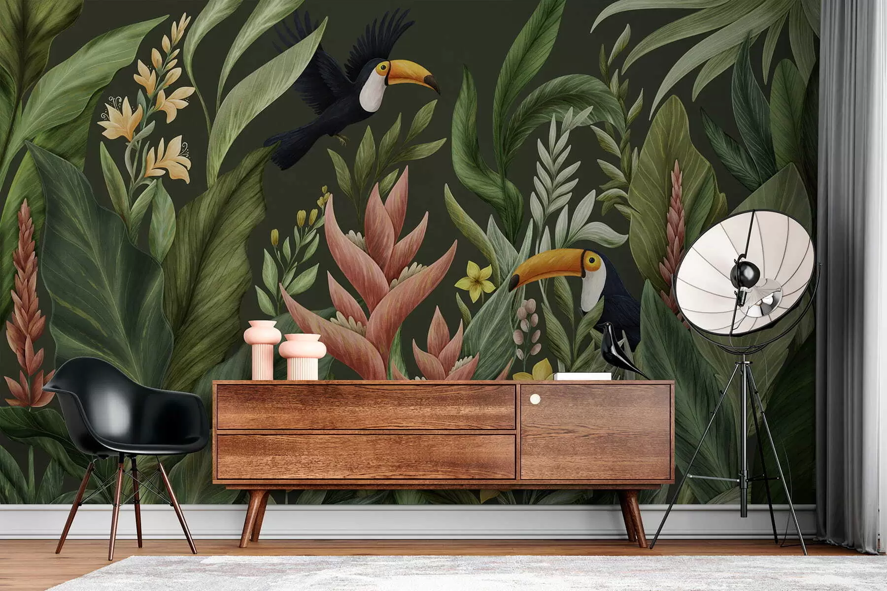 Wall Mural Photo Wallpaper Tropical foliage and large-beaked birds on dark background w05088