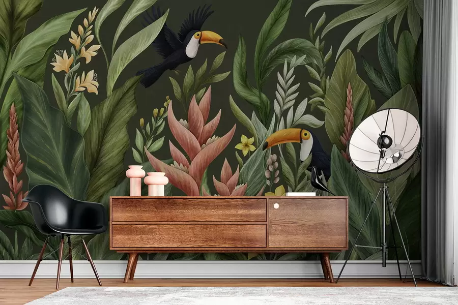 Wall Mural Photo Wallpaper Tropical foliage and large-beaked birds on dark background w05088