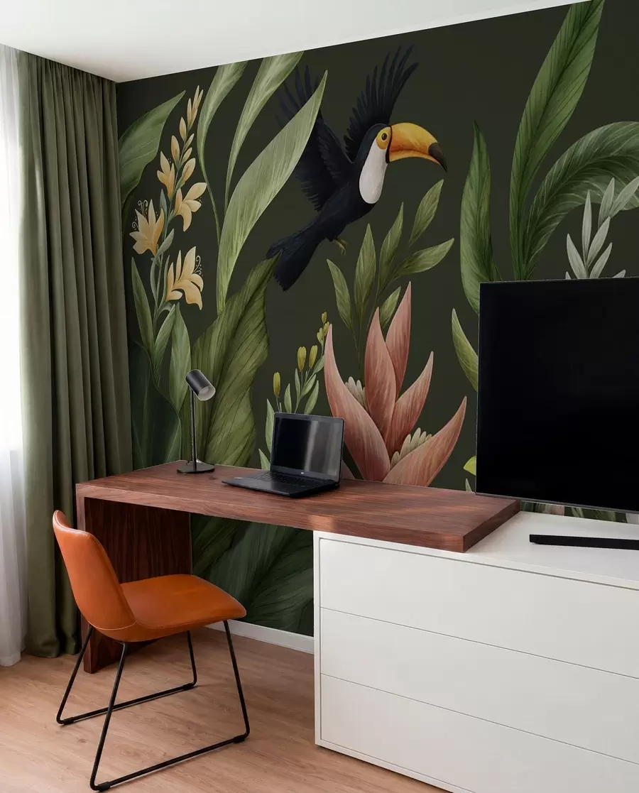peintures murales Feuillage tropical et oiseaux à long bec sur fond sombre w05088