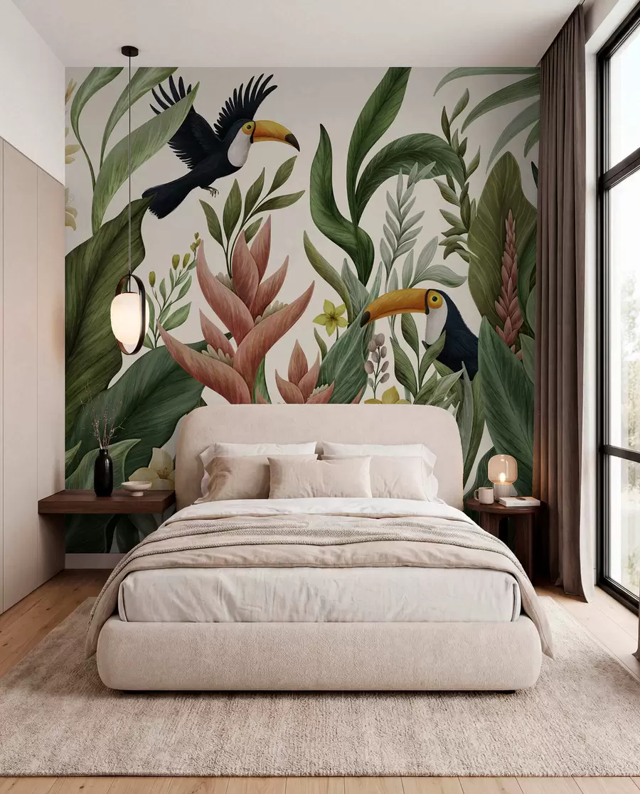 wall murals Tropical plants and large-beaked birds on light background w05088v1