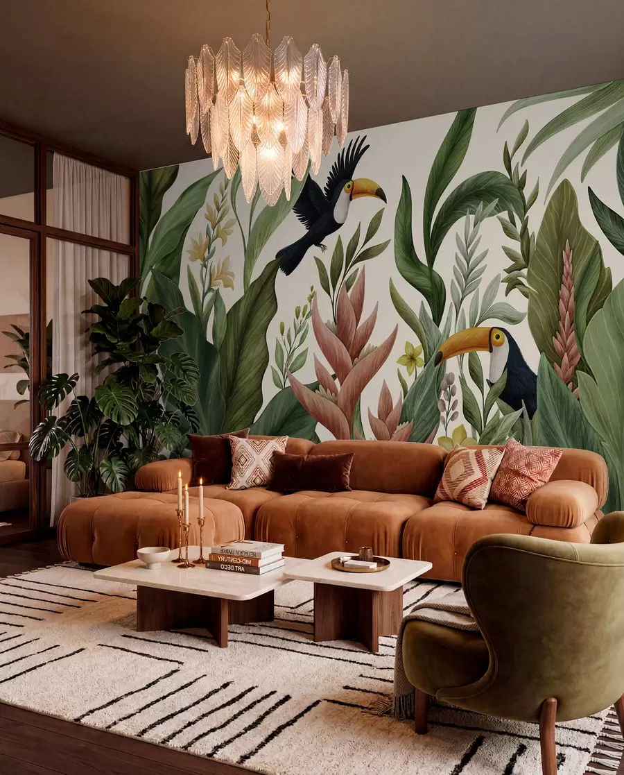 Wall Mural Photo Wallpaper Tropical plants and large-beaked birds on light background w05088v1