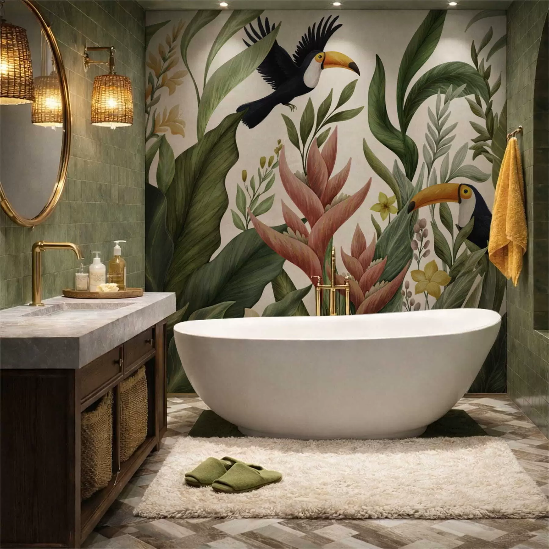 peintures murales Plantes tropicales et oiseaux à long bec sur fond clair w05088v1