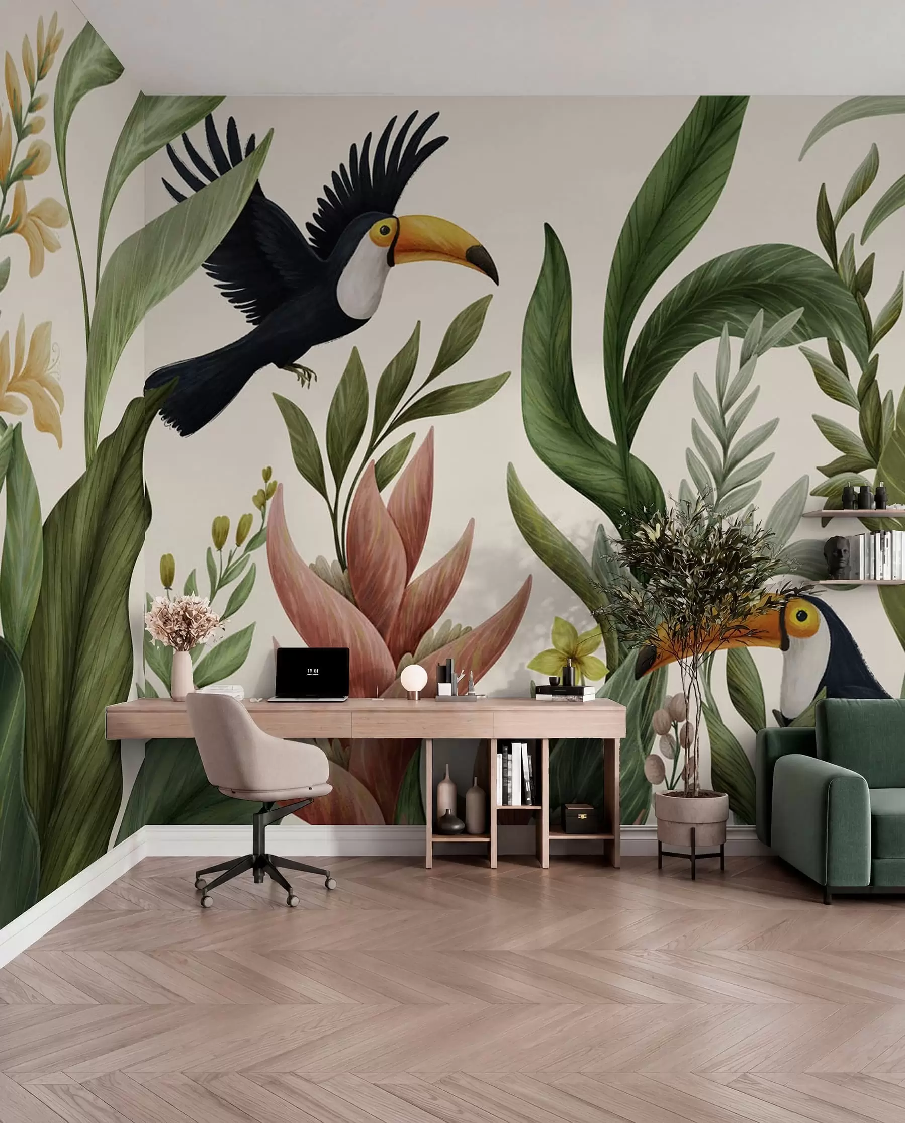 wall murals Tropical plants and large-beaked birds on light background w05088v1