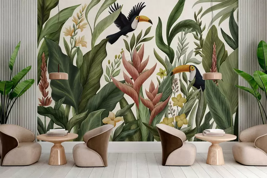 wall murals Tropical foliage and large-beaked birds on dark background w05088v1