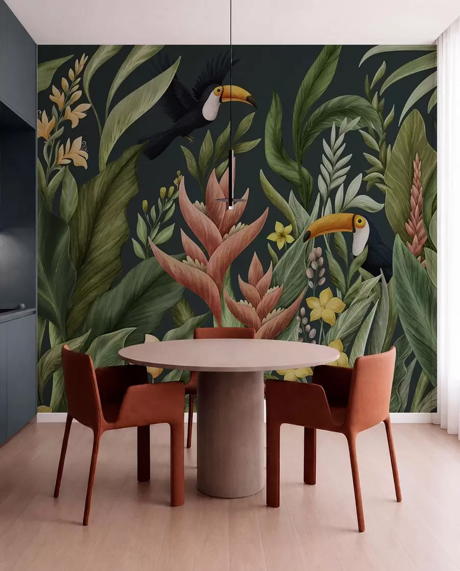 peintures murales Plantes tropicales et oiseaux à long bec sur fond sombre w05088v2