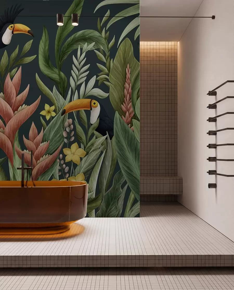 wall murals Tropical plants and large-beaked birds on dark backdrop w05088v2