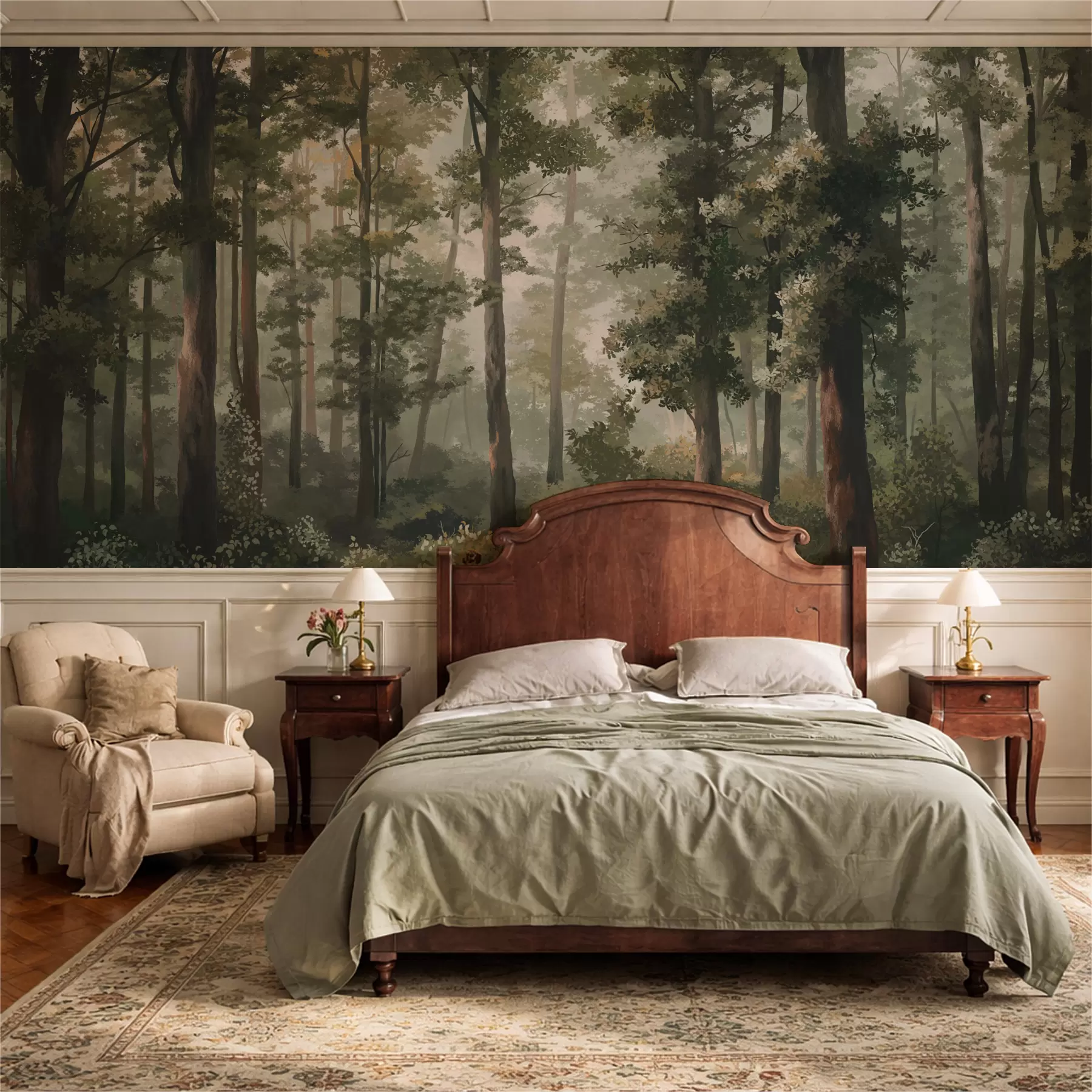 wall murals Forest illustration with mist, tall trees and a path w05089