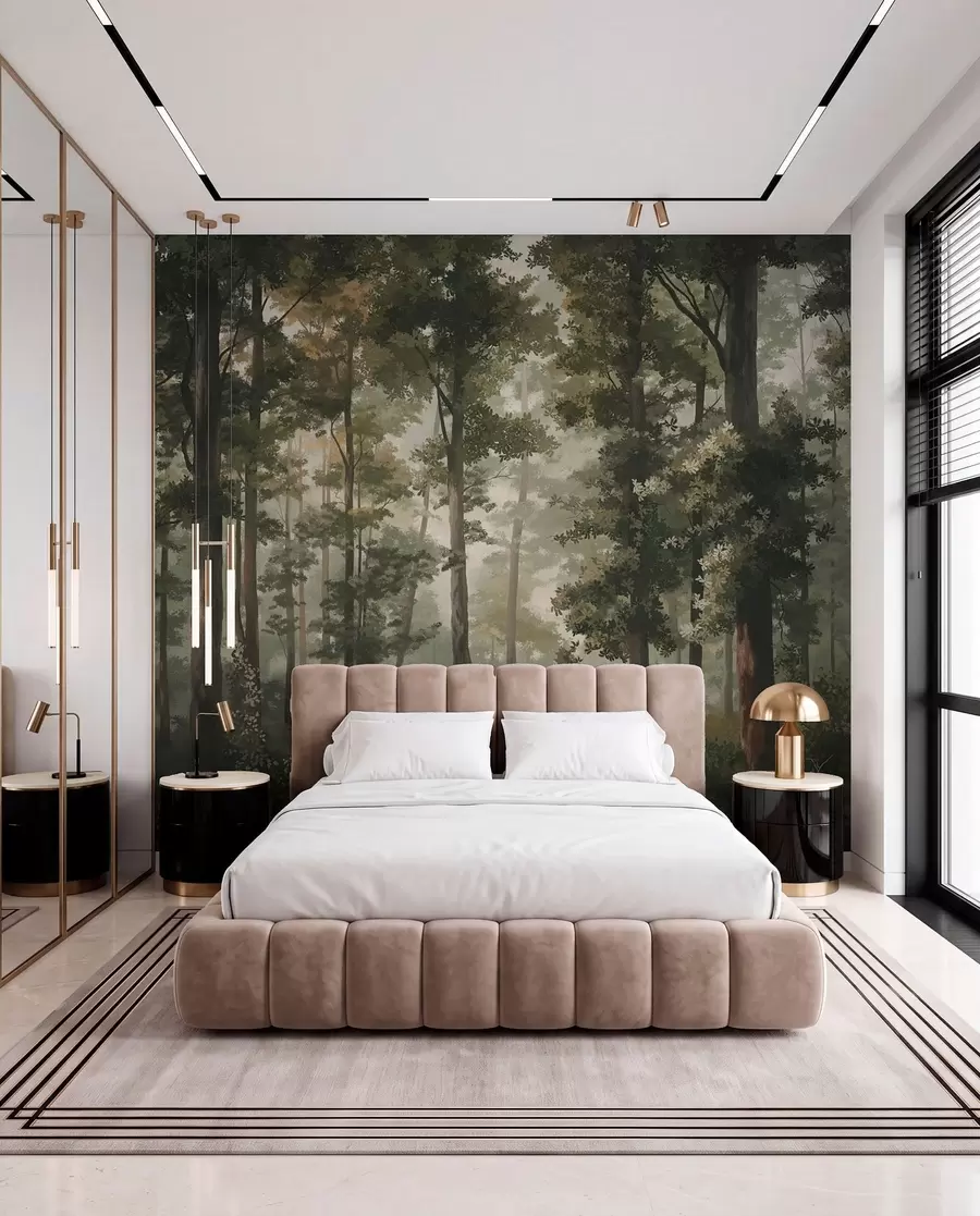 peintures murales Illustration forestière avec brume, grands arbres et sentier w05089