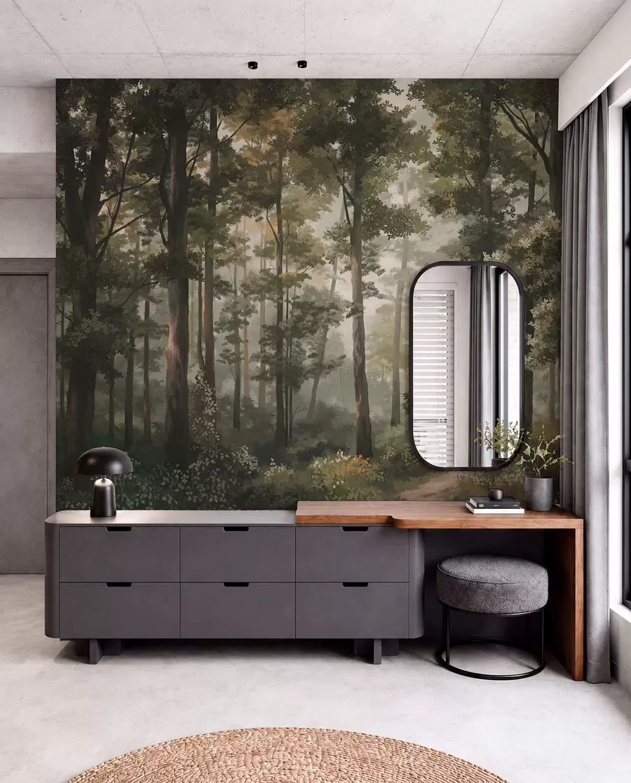 peintures murales Illustration forestière avec brume, grands arbres et sentier w05089
