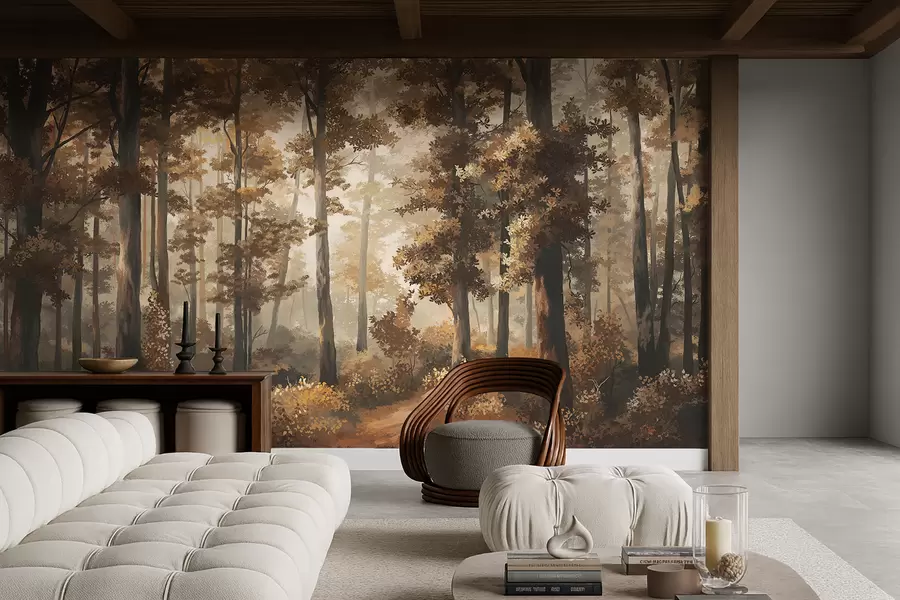 murales Escena otoñal en el bosque con luz cálida y árboles densos. w05089v1