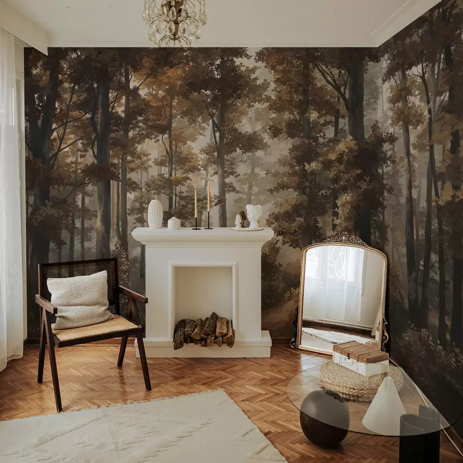 murales Escena otoñal en el bosque con luz cálida y árboles densos. w05089v1