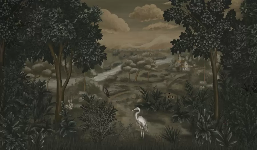 murales Paisaje fantástico con río, casa y pájaros entre los árboles. w05090