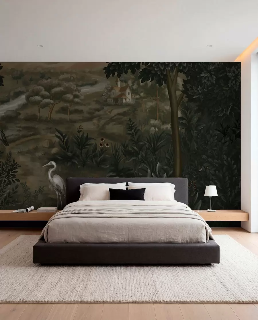 peintures murales Paysage fantastique avec rivière, maison et oiseaux parmi les arbres w05090