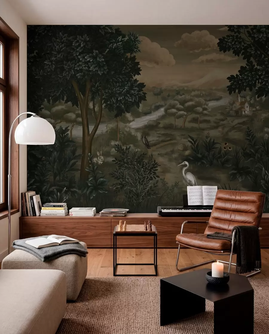 Wall Mural Photo Wallpaper Fantasy landscape with river, house and birds among trees w05090
