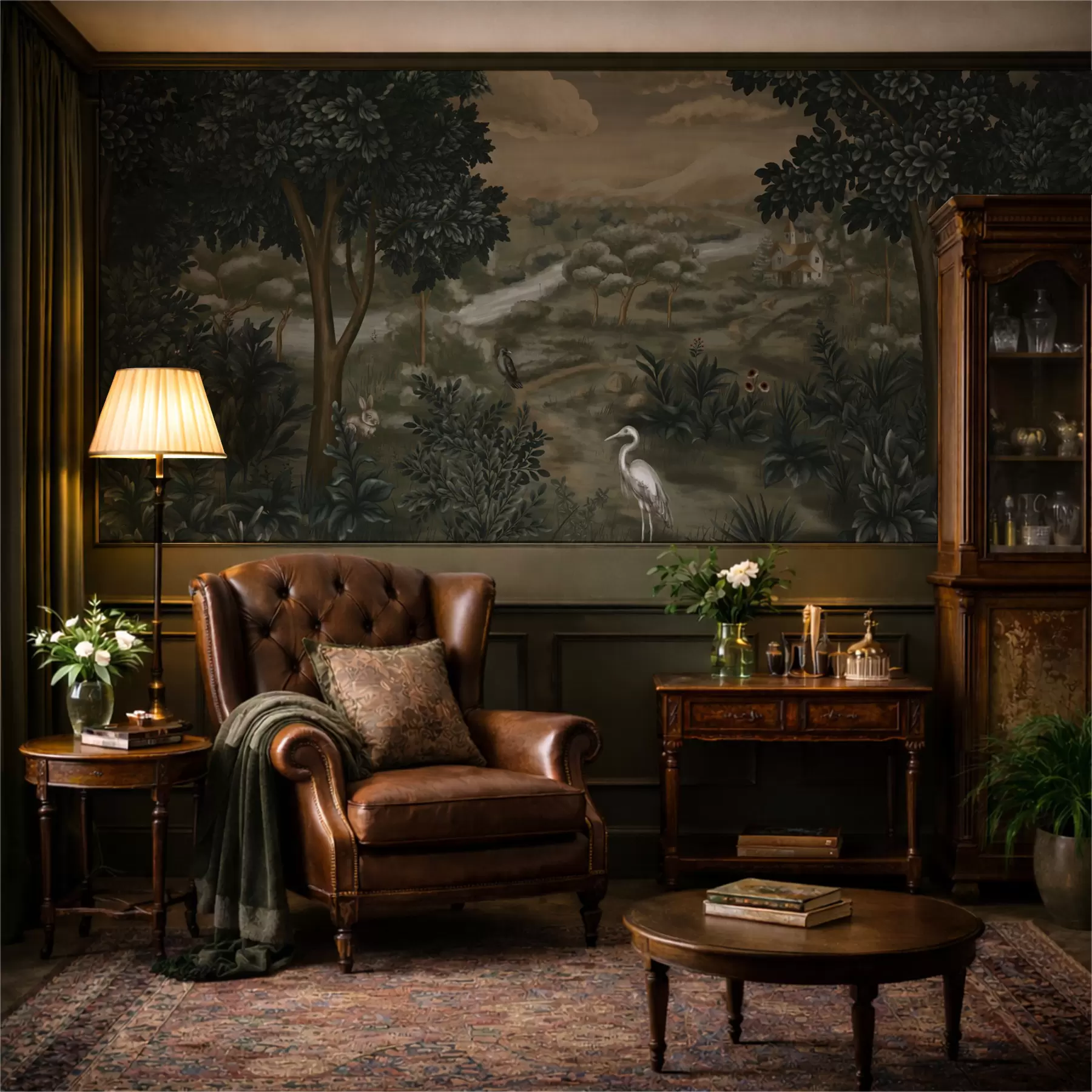 Wall Mural Photo Wallpaper Fantasy landscape with river, house and birds among trees w05090