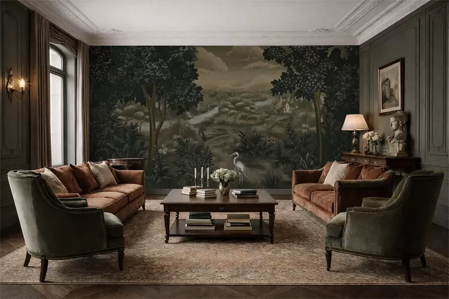 murales Paisaje fantástico con río, casa y pájaros entre los árboles. w05090