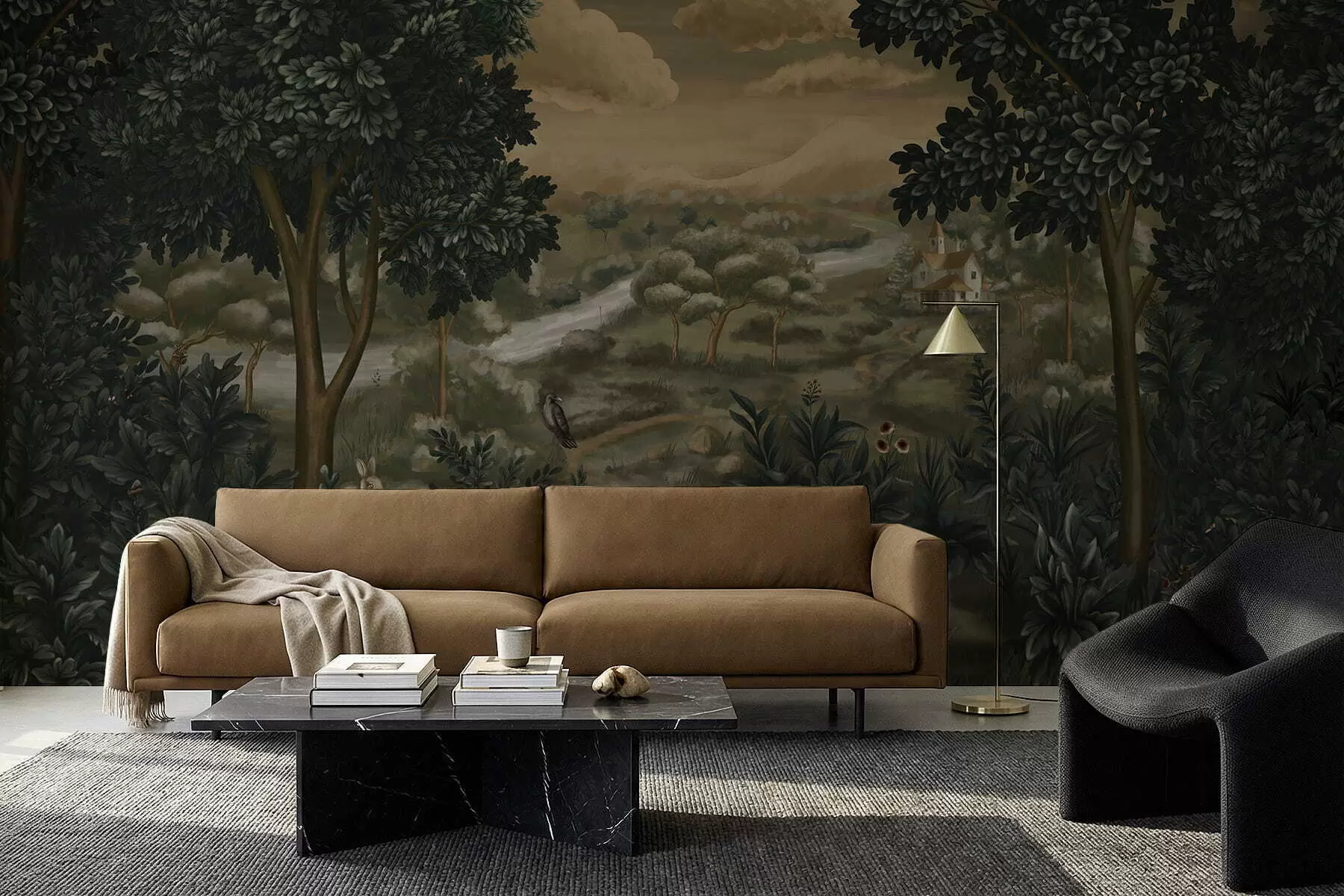 wall murals Fantasy landscape with river, house and birds among trees w05090